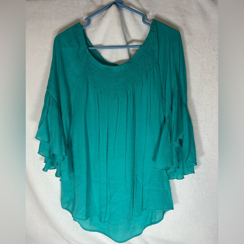 Cato Teal Blouse with Ruffled Sleeves